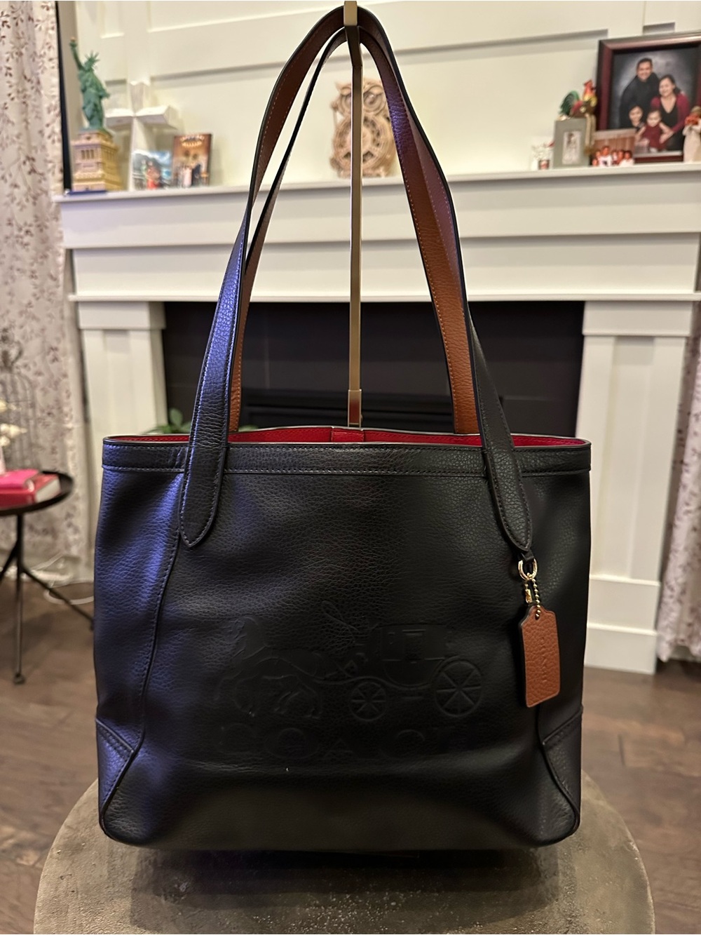 Coach Black Pebbled Tote with Brown Handles and Red Interior